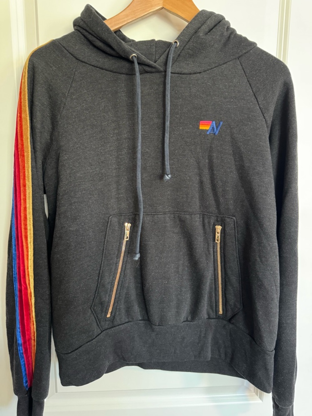 Aviator Nation Black Hoodie Velvet Stripe Sleeve Gold Zip Pocket Pullover Small